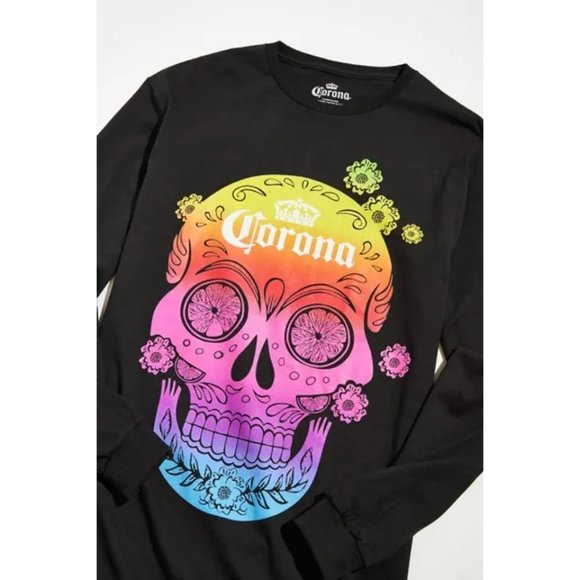 NEW URBAN OUTFITTERS CORONA BEER T SHIRT UNISEX LARGE BLACK LONG SLEEVE RAINBOW - Picture 2 of 5